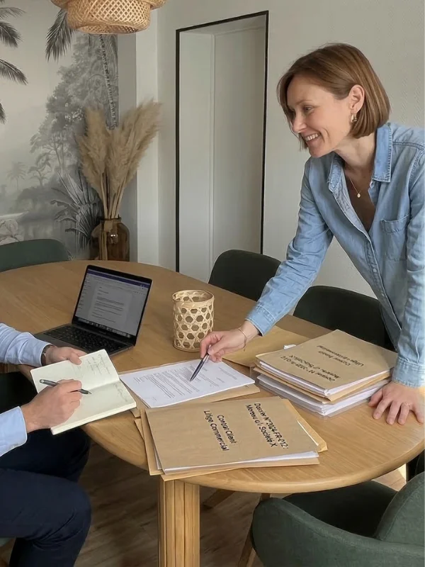 une femme montrant debout une indication sur une feuille à un client qui est assis